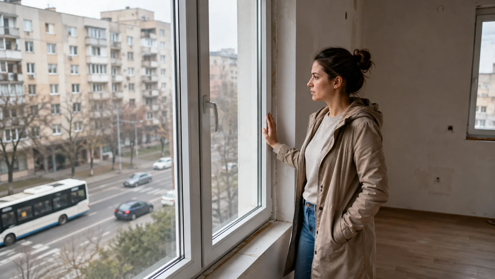 Cumpărătoare care ascultă zgomotul străzii lângă fereastra deschisă a unui apartament vizionat