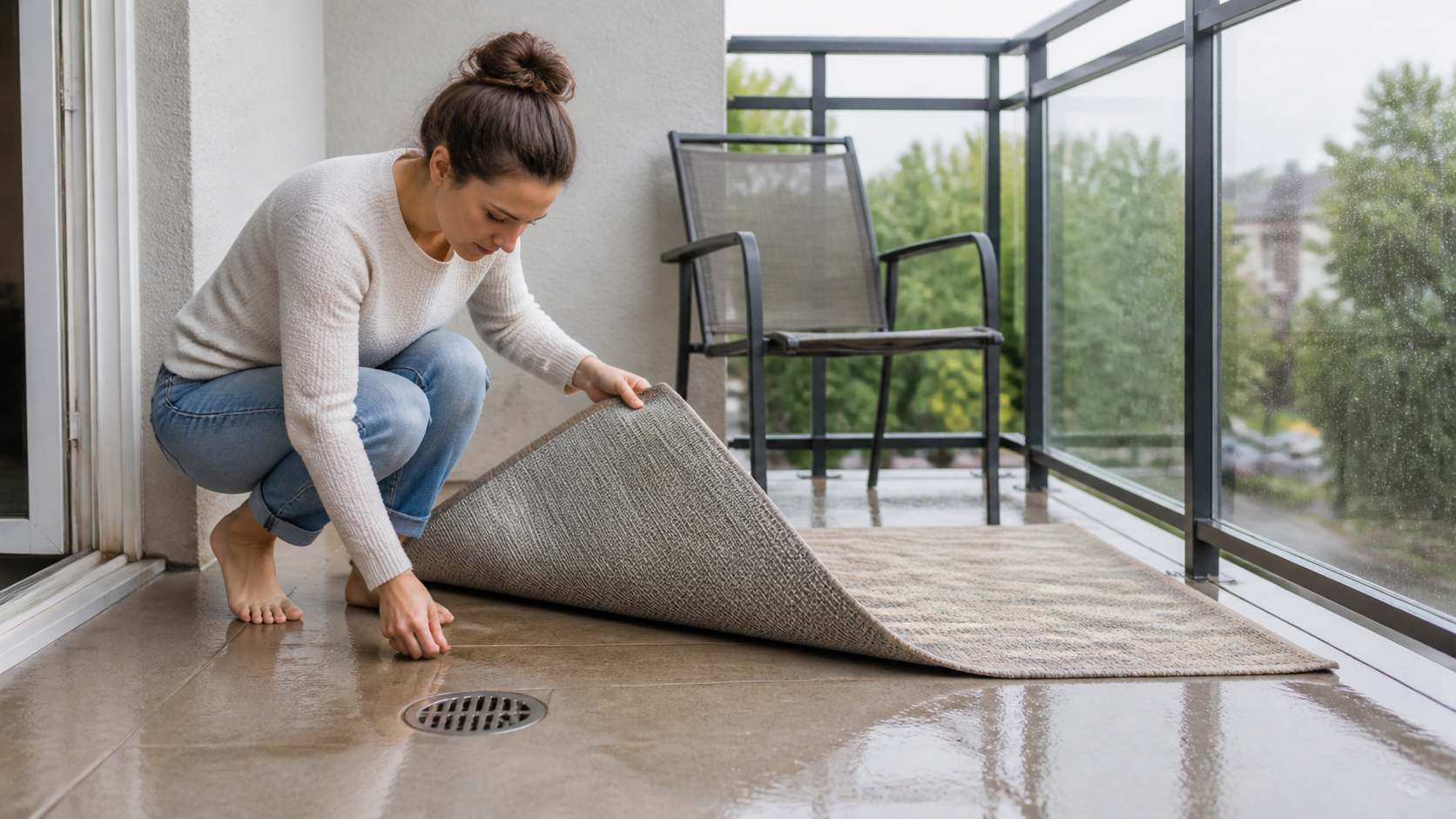 Proprietară care ridică marginea unui covor exterior pentru a verifica apa și sifonul balconului