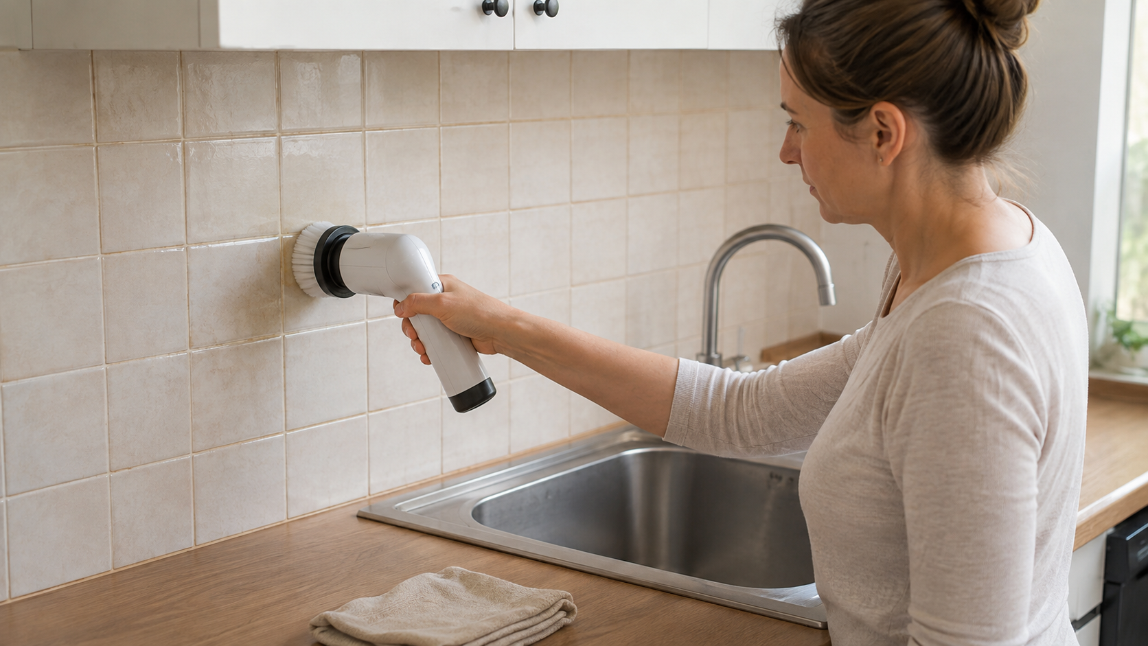 Proprietară care curăță rostul unei plăci ceramice cu o perie electrică generică fără fir